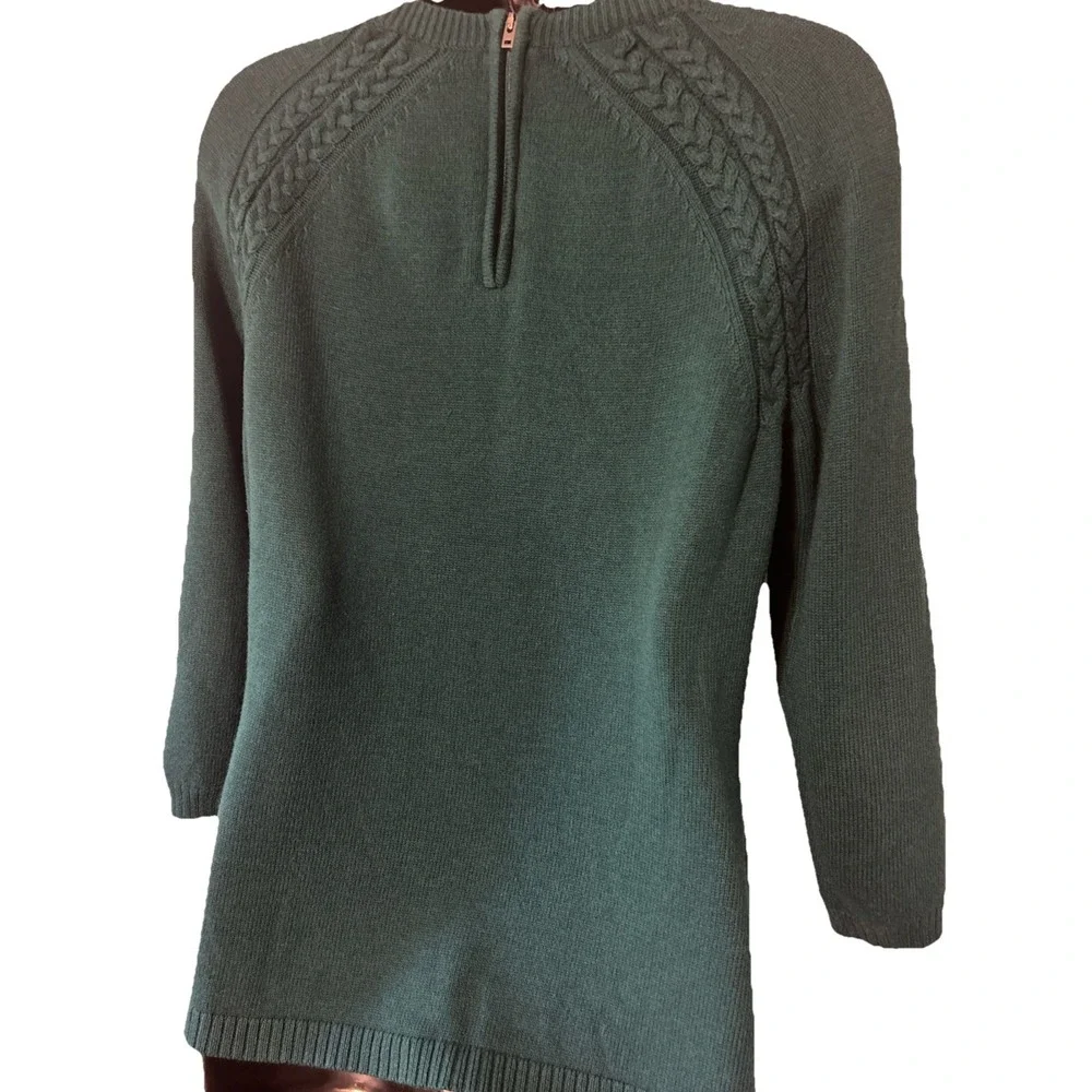 Talbots Emerald Green Cable Knit Sweater Womens Size‎ Small Zip Back 3/4 Sleeves